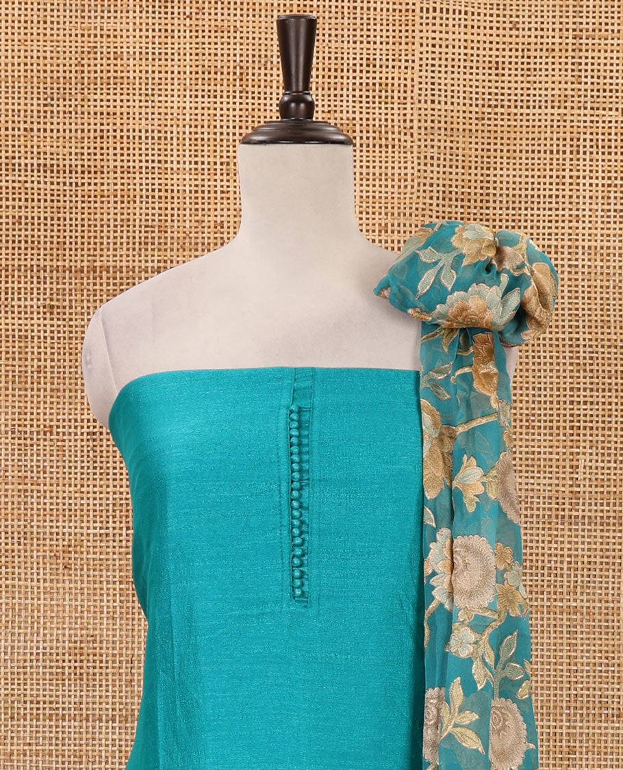 Ramar green material chudidar set, plain with neck work vichitra silk top, cotton bottom & baraso floral printed dupatta