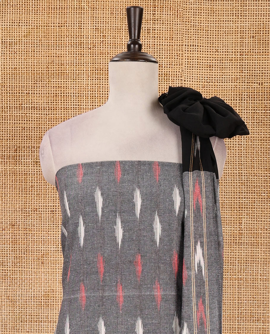 Grey material chudidar set, unique motifs pure cotton pochampally ikkat top, contrast bottom & ikkat design pure dual-color cotton dupatta