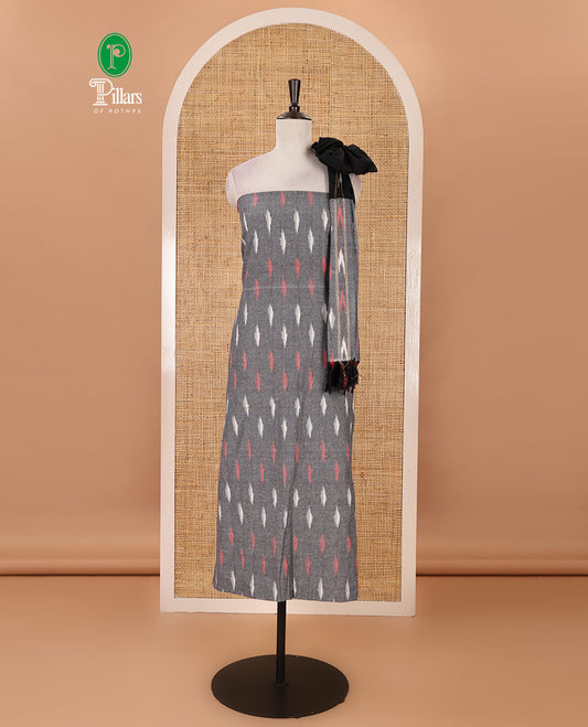 Grey material chudidar set, unique motifs pure cotton pochampally ikkat top, contrast bottom & ikkat design pure dual-color cotton dupatta