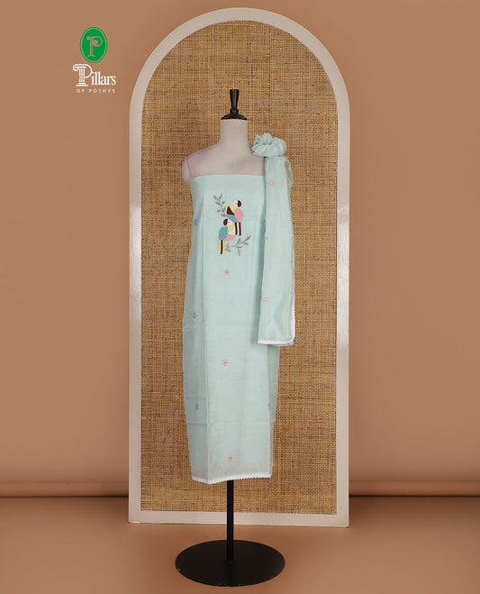 Green net kota material chudidar set, macaw parrot, and flower motifs, multi-color sugar bead embroidered top, plain santoon bottom, and sugar bead embroidered dupatta