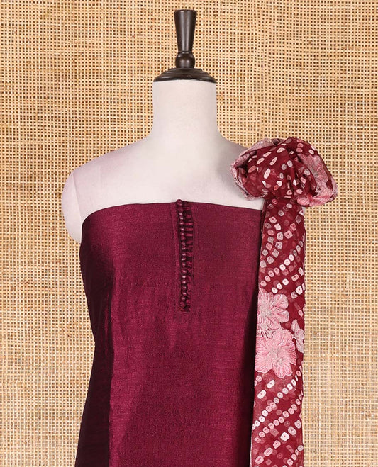 Wine material chudidar set, plain with fancy thermacol balls neck work Vichitra top, cotton bottom, and floral with bandhani printed dupatta