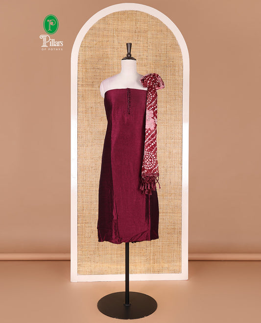 Wine material chudidar set, plain with fancy thermacol balls neck work Vichitra top, cotton bottom, and floral with bandhani printed dupatta