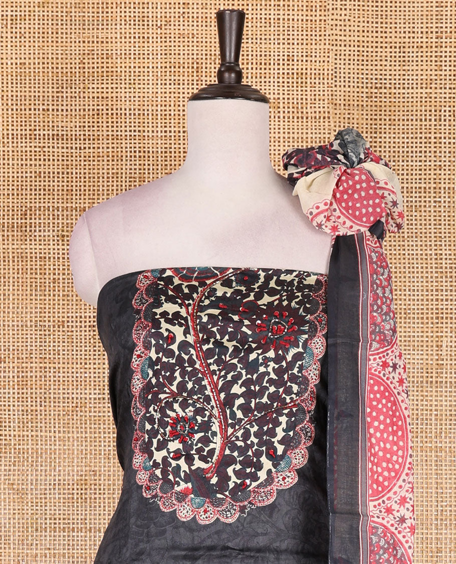 Dark grey pure cotton material chudidar set, floral print with French knot and bead work top, plain cotton bottom, and floral-geometric printed dupatta