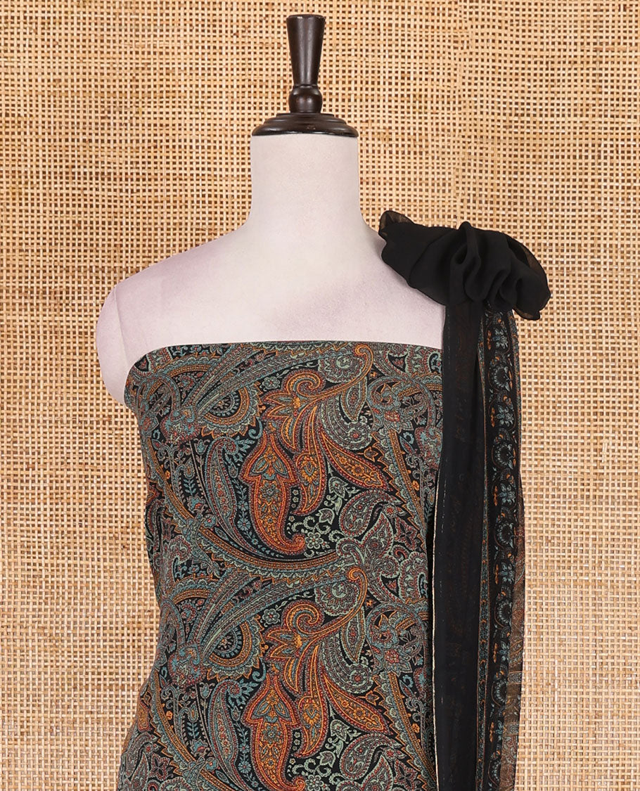 Light rama Italian crepe material chudidar set, paisley printed top, plain bottom, and floral-paisley printed georgrette dupatta