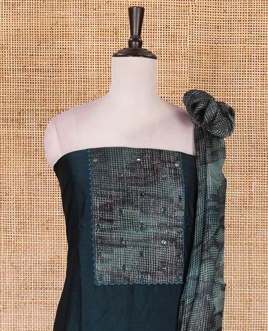 Peacock green material chudidar set, abstract printed with mirrorwork vichitra silk top, santoon bottom, and abstract printed shimmer georgette dupatta