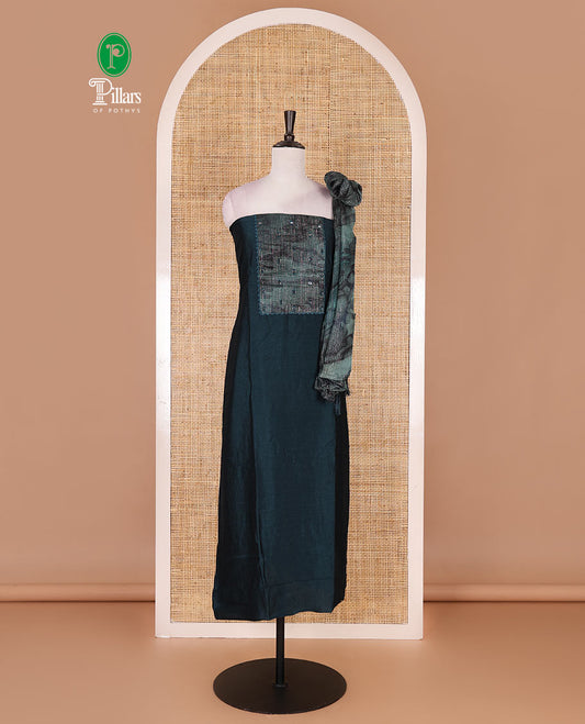 Peacock green material chudidar set, abstract printed with mirrorwork vichitra silk top, santoon bottom, and abstract printed shimmer georgette dupatta