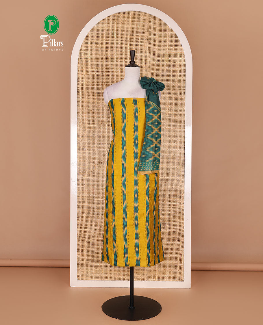 Mustard Vertican silk material chudidar set, vertical ikkat stripes, and kantha work top, contrast plain slub cotton bottom, and linen contrast ikkat printed zari border dupatta