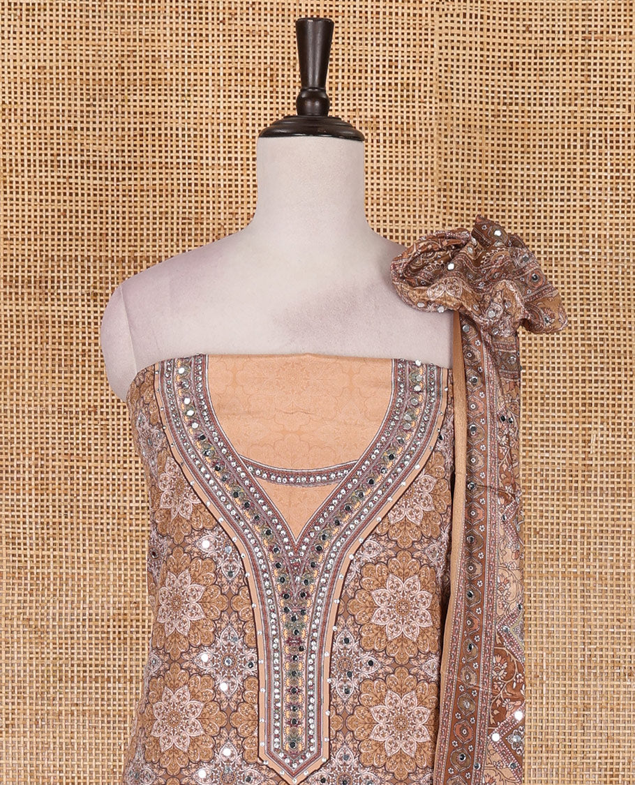 Chikku material chudidar set, intricately printed with original mirror work crepe top, Italian crepe bottom, and chinon digital print, mirror work dupatta