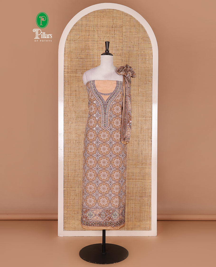 Chikku material chudidar set, intricately printed with original mirror work crepe top, Italian crepe bottom, and chinon digital print, mirror work dupatta