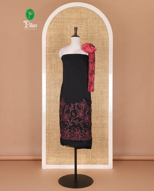Black and rani pink organza material churidar set, Lucknowi chikankari floral vine embroidery top, plain bottom, and contrast floral embroidery dupatta