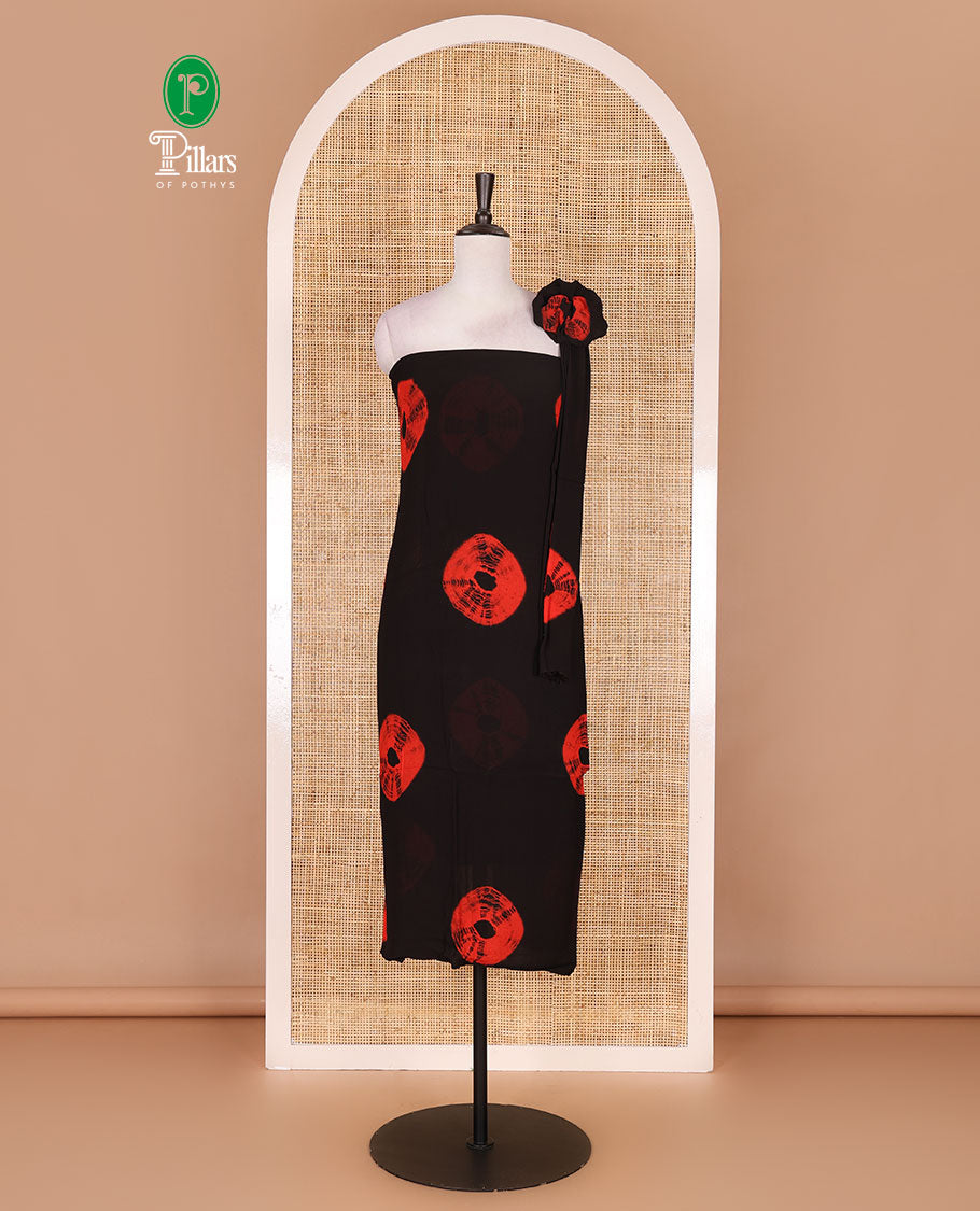Black and red viscose georgette material churidar set, big bandhani dots printed top, plain bottom, and big bandhani dots printed dupatta
