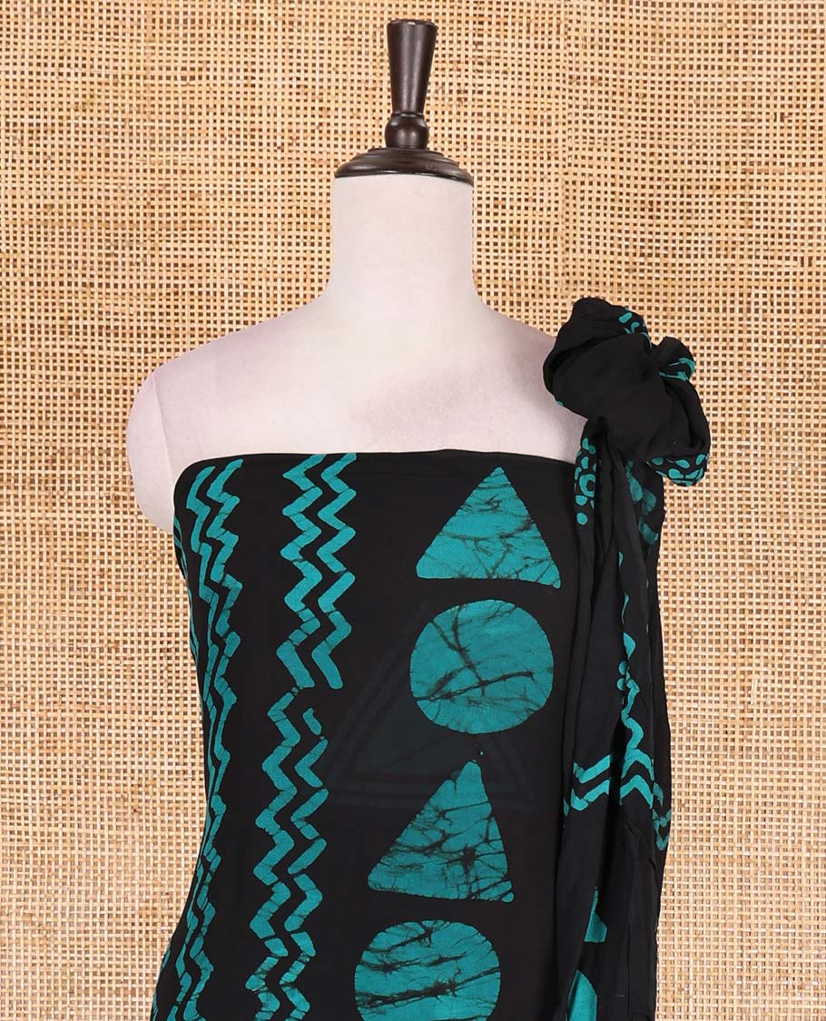 Black and blue viscose georgette material churidar set, geometric shapes batik hand block printed top, plain bottom, and batik hand block printed dupatta