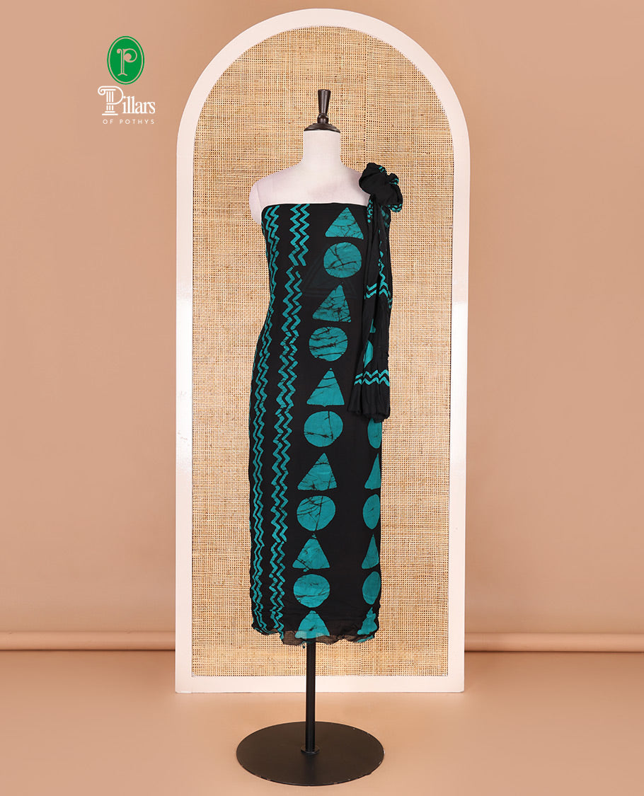 Black and blue viscose georgette material churidar set, geometric shapes batik hand block printed top, plain bottom, and batik hand block printed dupatta