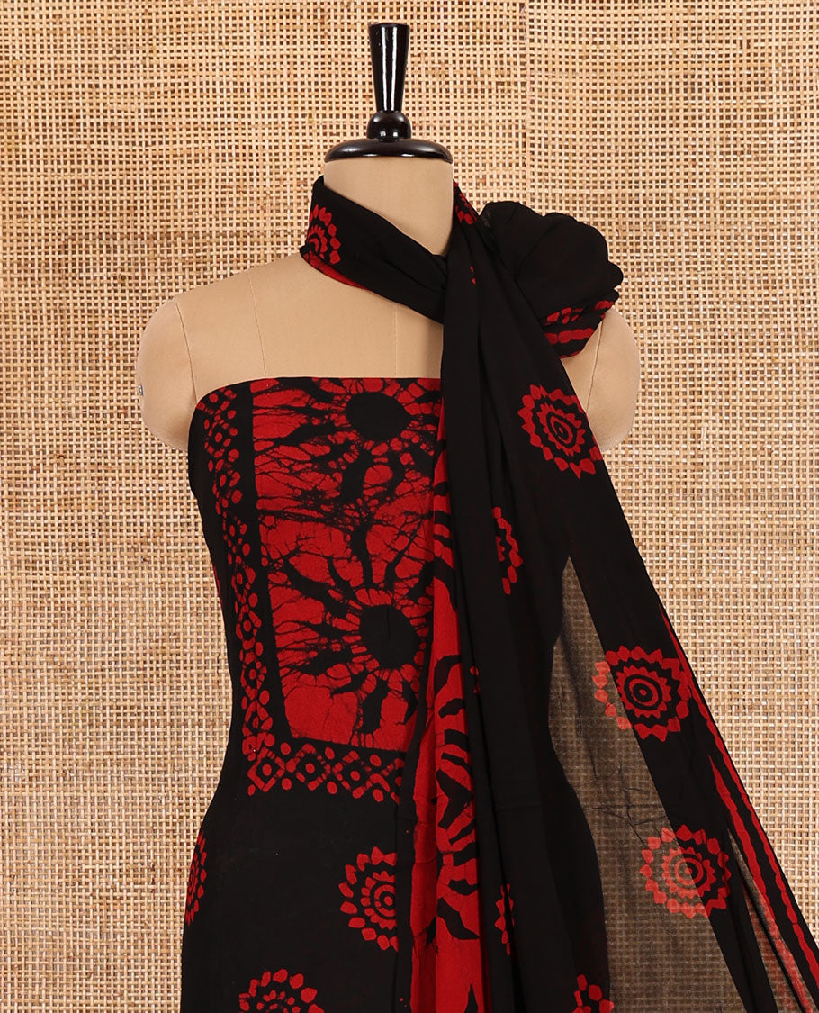 Black and red material chudidar set, sun brust and chakra motifs hand block printed Viscose georgette top, contrast bottom, and hand block printed viscose georgette dupatta