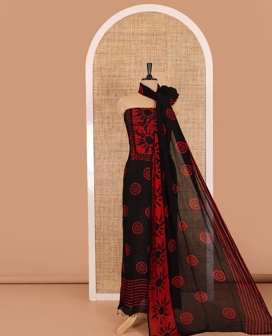 Black and red material chudidar set, sun brust and chakra motifs hand block printed Viscose georgette top, contrast bottom, and hand block printed viscose georgette dupatta