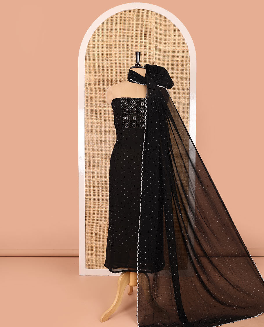 Black material chudidar set, silver stone embroidered with neck bead work georgette top, santoon plain botom, and scallop swarovski stone work dupatta