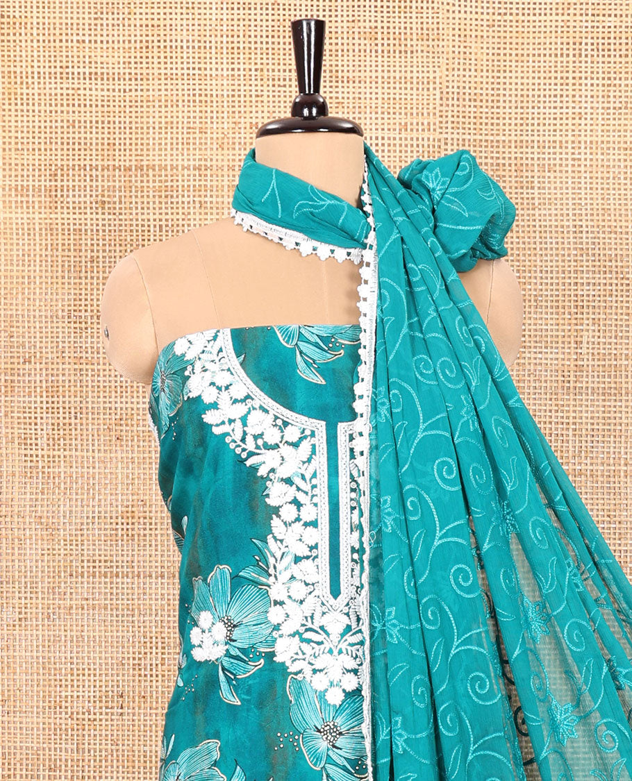Rama Material Chudidar Set Accentuated with Phulkari-Style Floral Embroidery and Floral Print Rayon Top, Subtly Made Plain Rayon Bottom, and a Chiffon Georgette Dupatta of Floral Theme Designs