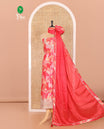 Tomato Pink Material Chudidar Set Decked Up with Floral-Geometric Printed with Neck Embroidered Chinon Top, Subtly Made Plain Santoon Bottom, and a Chinon Dupatta Featuring Printed Border, and Glitter Dots