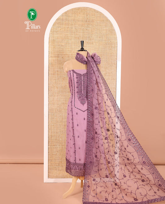 Pink Material Chudidar Set Adorned with Embroidered Organza Chiffon Top, Subtly Made Plain Santoon Bottom, and a Organza  Dupatta Featuring Floral Jaal Embroidery