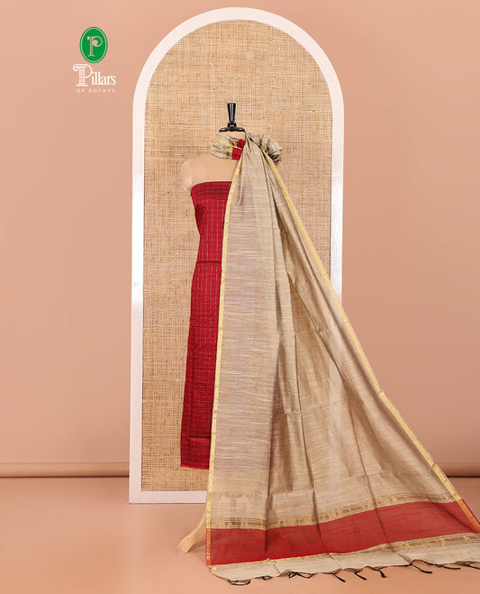 Maroon Material Chudidar Set, Elevated with Zari Checks All Over Its Semi-Silk Top, Comes with a Subtle Plain Bottom, and a Contrast Semi-Silk Dupatta of Zari Border and Tassels