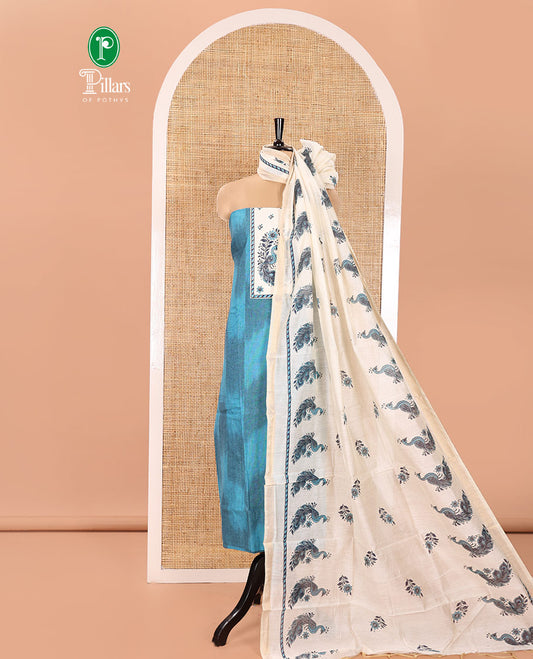 Blue Material Chudidhar Set, Adorned with Ikkat Weave and Neck Peacock Patchwork Handloom Cotton Top, Cotton Plain Bottom, and Contrast Chanderi Silk Peacock Printed Dupatta