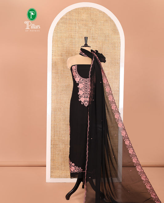 Black and Pink Material Chudidhar Set, Elevated with Floral Thread Embroidered Fox Georgette Top, Plain Santoon Bottom, and Fox Georgette Scallop Dupatta with Floral Thread Embroidery