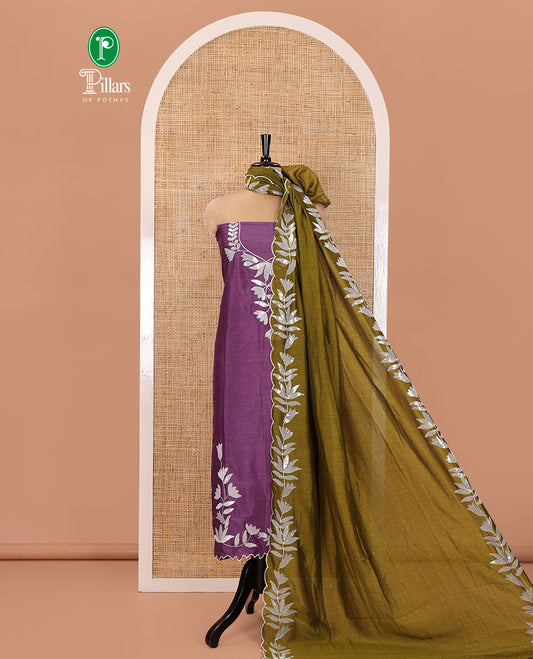 Dark Lavender Material Churidar Set, Detailed with Floral Motifs Sequins-Thread Embroidered on Its Vichitra Silk Top, Comes with a Contrast Santoon Bottom, and Paired with a Vichitra Silk Floral Embroidered Scallop Dupatta