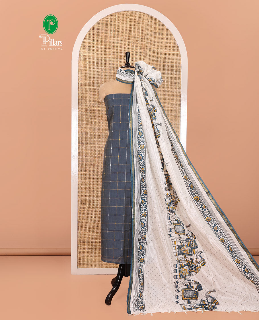 Blue Material Churidar Set, Embellished with Zari Checked Semi-Silk Top, Comes with a Contrast Plain Soft Cotton Bottom, and a Contrast Semi-Silk Dupatta, Pictures a Herd of Elephants