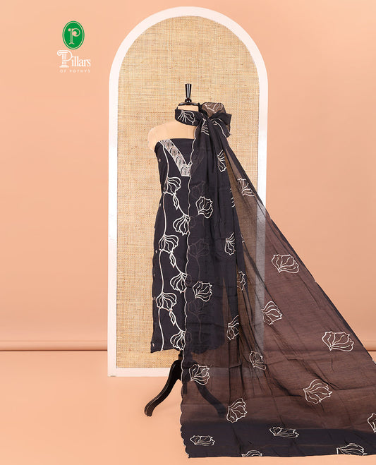 Black Mul Chanderi Material Churidar Set, Spotlighted with Flower Embroidery and Sequins Work V-Neck Top, a Plain Santoon Bottom, and Paired with a Mul Chanderi Floral Embroidered Dupatta