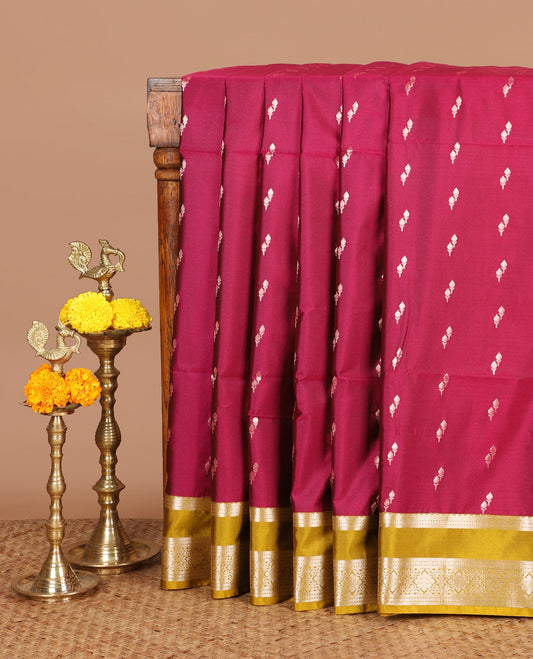 magenta pink zari butta semi soft silk saree with rettai pettu, diamond border grand pallu along with plain blouse