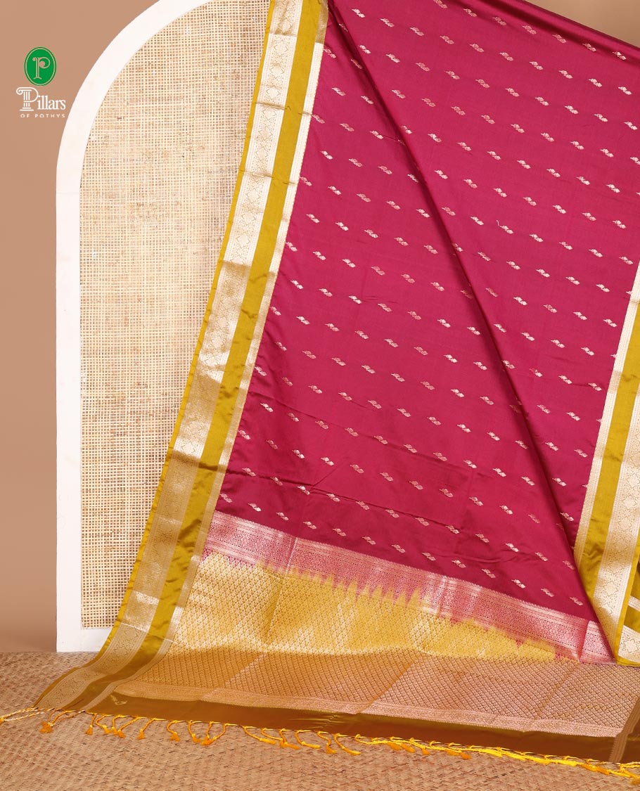magenta pink zari butta semi soft silk saree with rettai pettu, diamond border grand pallu along with plain blouse