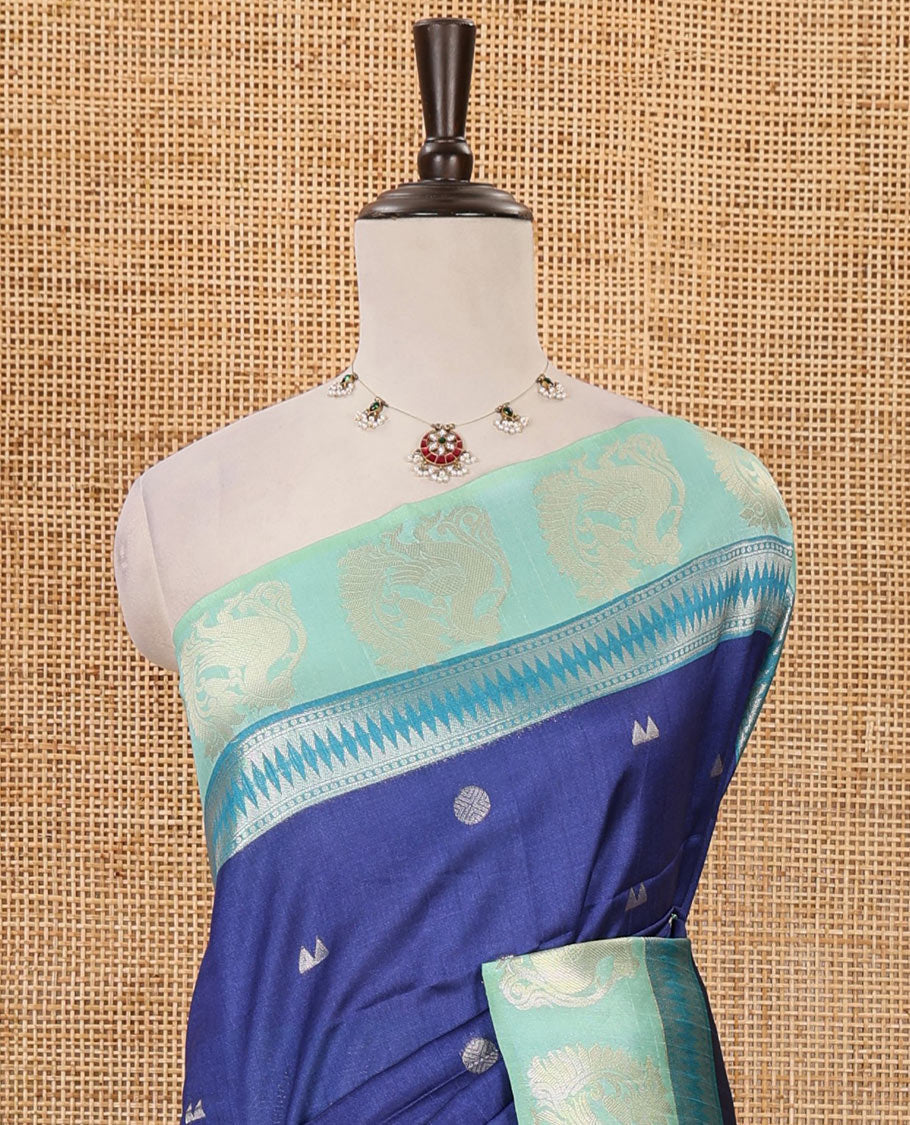 Royal blue temple & rudraksham motifs fancy tussar saree, contrast traditional zari peacocks border, pallu of peacock & Mughal floral design, & contrast zari blouse