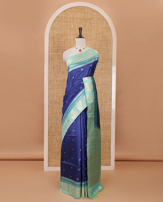 Royal blue temple & rudraksham motifs fancy tussar saree, contrast traditional zari peacocks border, pallu of peacock & Mughal floral design, & contrast zari blouse