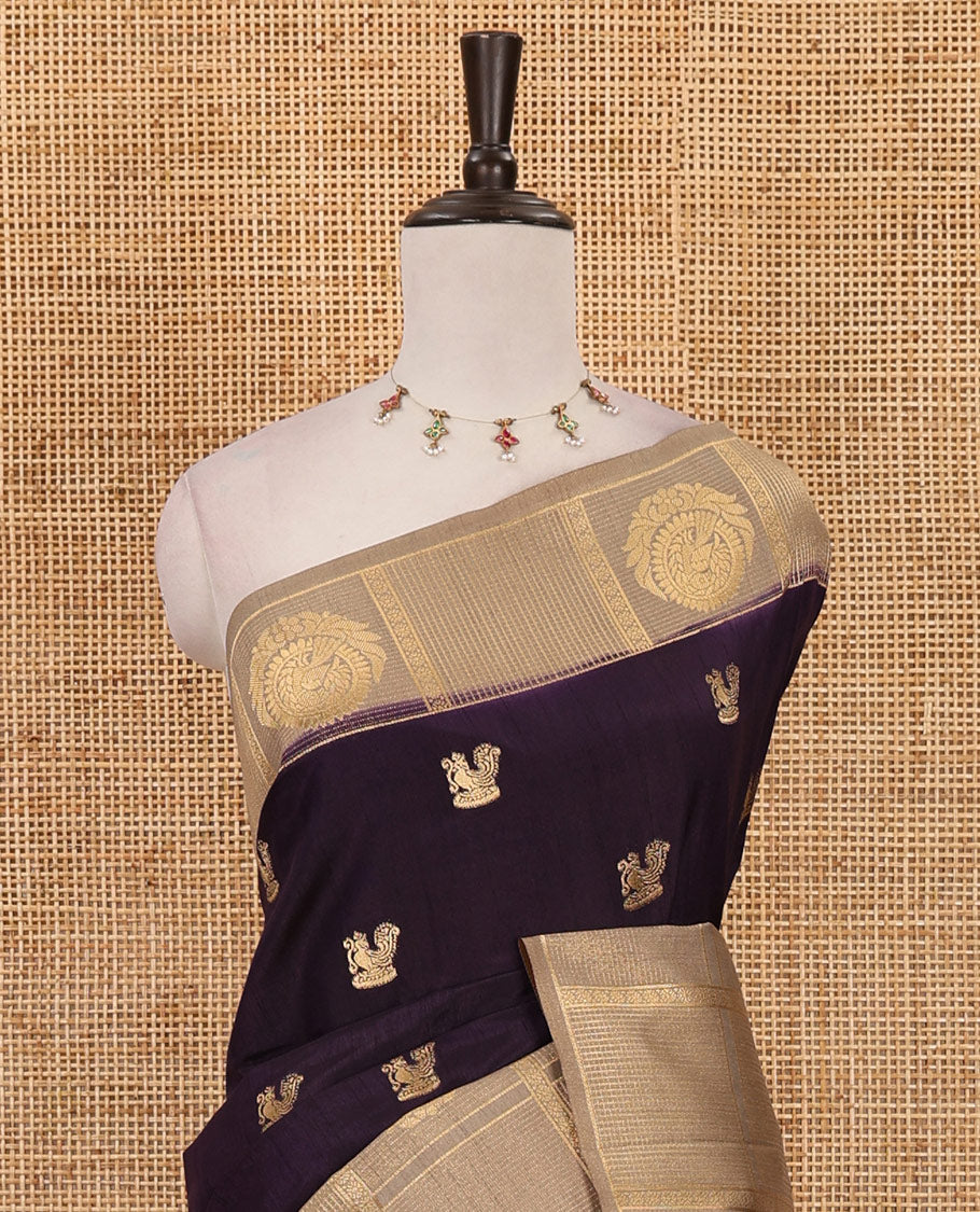 Dark purple peacock buttas dola silk saree, contrast kanchipuram-style traditional zari border, zari pallu & contrast zari border blouse