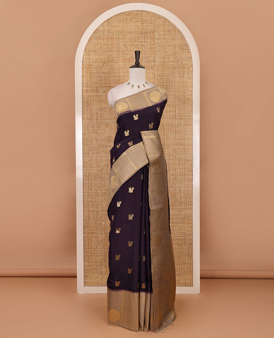 Dark purple peacock buttas dola silk saree, contrast kanchipuram-style traditional zari border, zari pallu & contrast zari border blouse