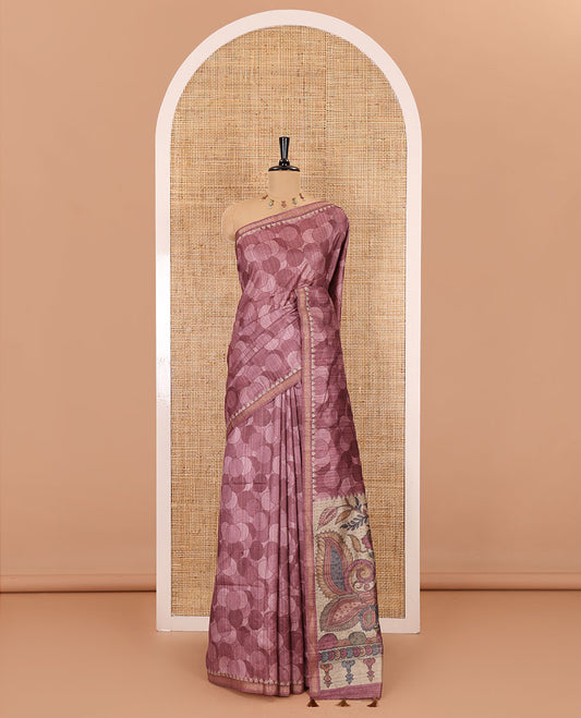 Onion pink circle abstract printed fancy tussar saree, tissue border, pallu of kalamkari peacock print, and kalamkari floral printed blouse