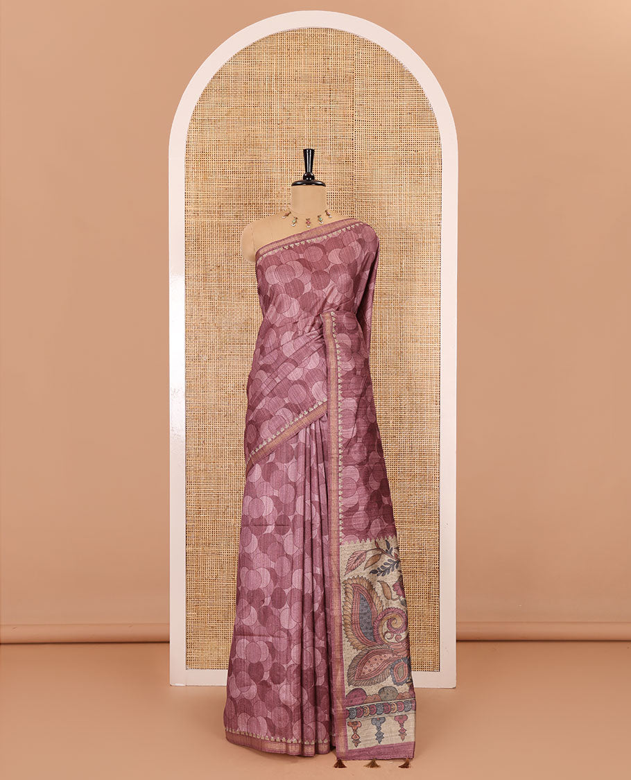 Onion pink circle abstract printed fancy tussar saree, tissue border, pallu of kalamkari peacock print, and kalamkari floral printed blouse