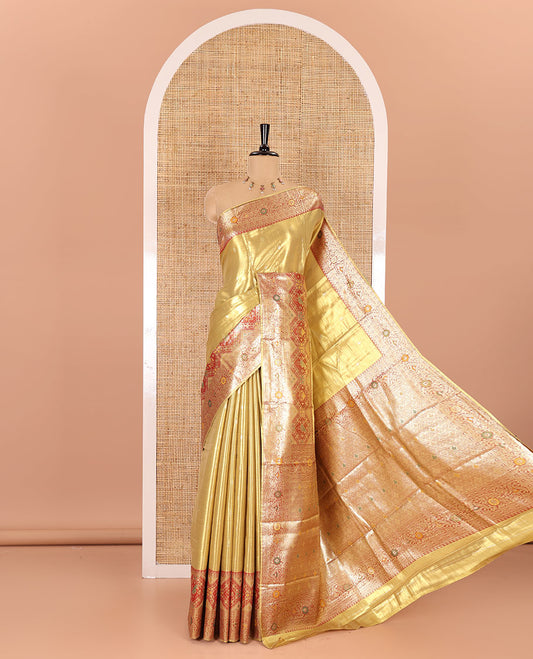 Gold zari buttas tissue silk saree, contrast border of patola design and traditional motifs, jaal pallu, and a matching blouse