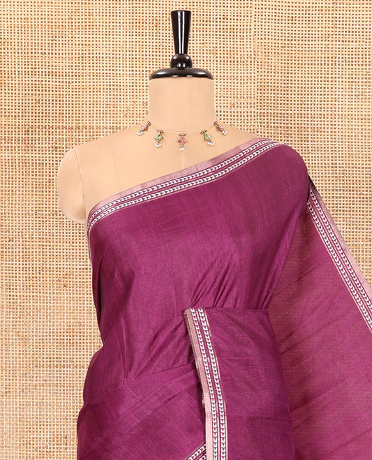 Purple plain fancy tussar saree, temple motifs woven thread border, striped pallu, and a matching blouse