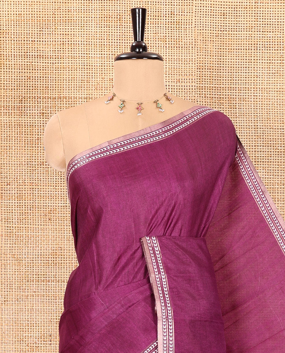 Purple plain fancy tussar saree, temple motifs woven thread border, striped pallu, and a matching blouse