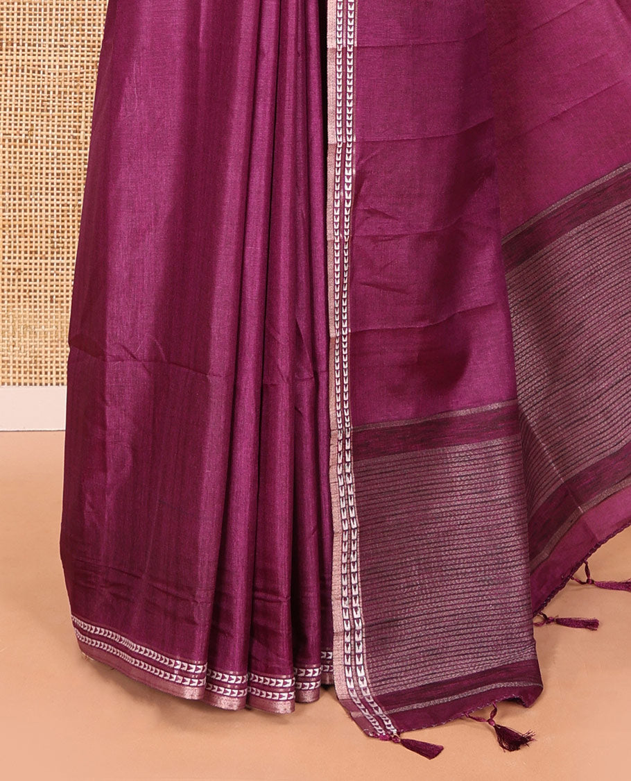 Purple plain fancy tussar saree, temple motifs woven thread border, striped pallu, and a matching blouse