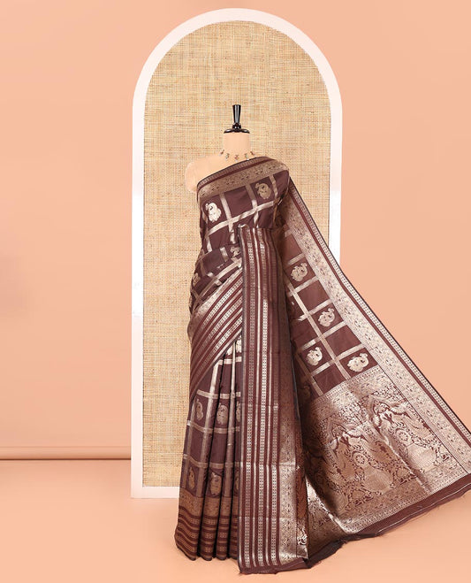 Coffee Brown Litchi Silk Saree, Gleamed Up with Zari Butta Enclosed Checked Designs All Over Its Body, Highlighted by a Traditional Zari Border, Pallu of Peacock Designs, and Paired with a Matching Blouse