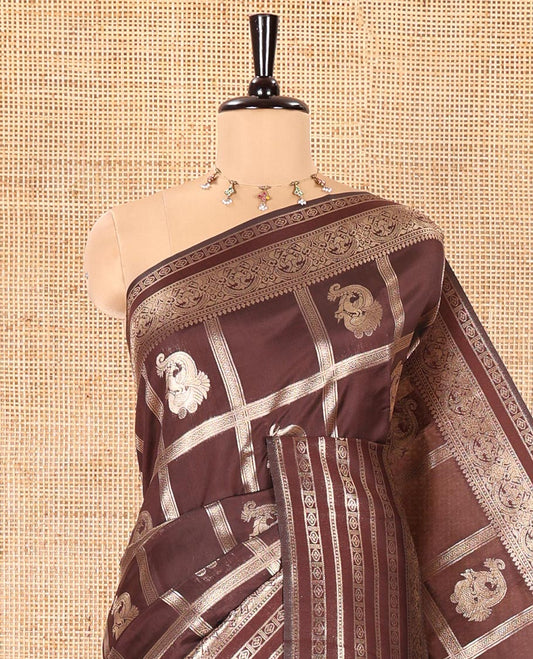 Coffee Brown Litchi Silk Saree, Gleamed Up with Zari Butta Enclosed Checked Designs All Over Its Body, Highlighted by a Traditional Zari Border, Pallu of Peacock Designs, and Paired with a Matching Blouse