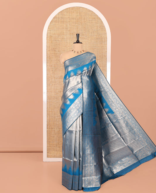 Rama Blue Litchi Saree Features Tissue-Zari Weave, a Temple Kodi Visiry Border, Grand Pallu and a Matching Blouse