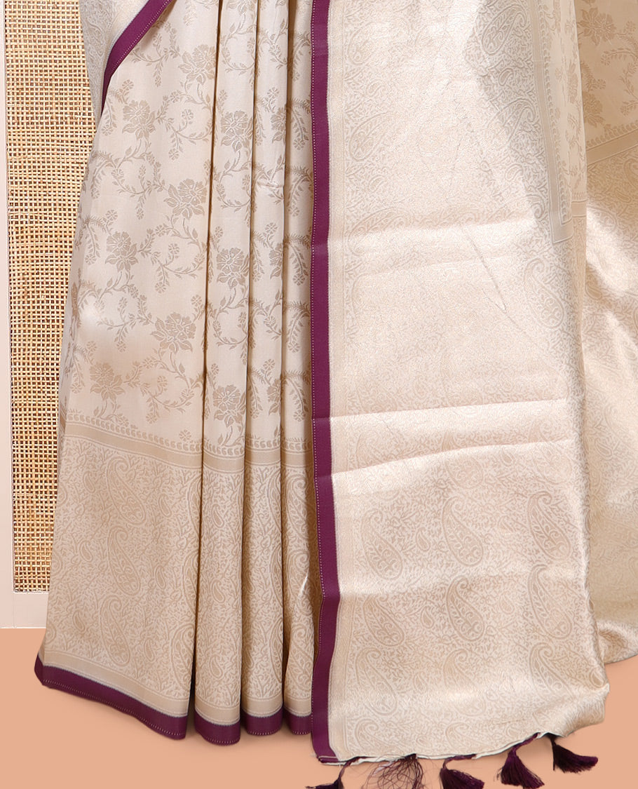 Off-White-Purple Semi-Silk Saree, Adorned with Floral Jacquard Design, a Zari Paisley Border, and a Contrast Blouse