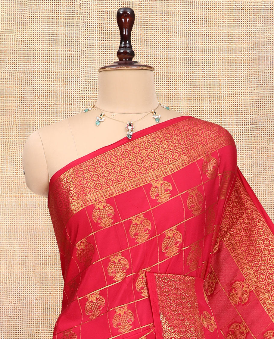 Red Chettinad Mysore Silk Saree Features Iruthalai Pakshi Buttas Enclosed Checks, a Traditional Border, Matching Blouse