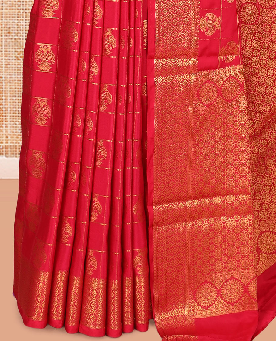 Red Chettinad Mysore Silk Saree Features Iruthalai Pakshi Buttas Enclosed Checks, a Traditional Border, Matching Blouse