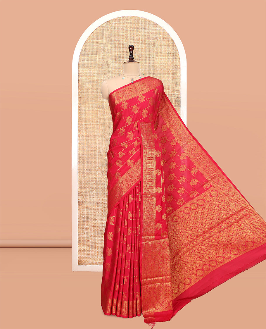 Red Chettinad Mysore Silk Saree Features Iruthalai Pakshi Buttas Enclosed Checks, a Traditional Border, Matching Blouse