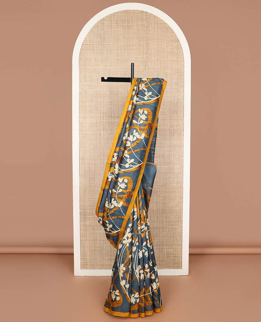 Grey with mustard floral design printed silk saree with contrast border & striped design pallu