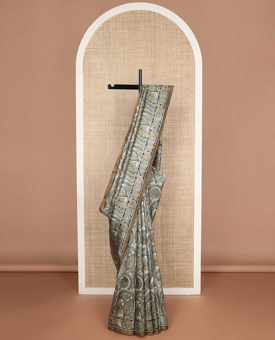 Cream floral design printed silk saree with contrast floral design border & floral design pallu